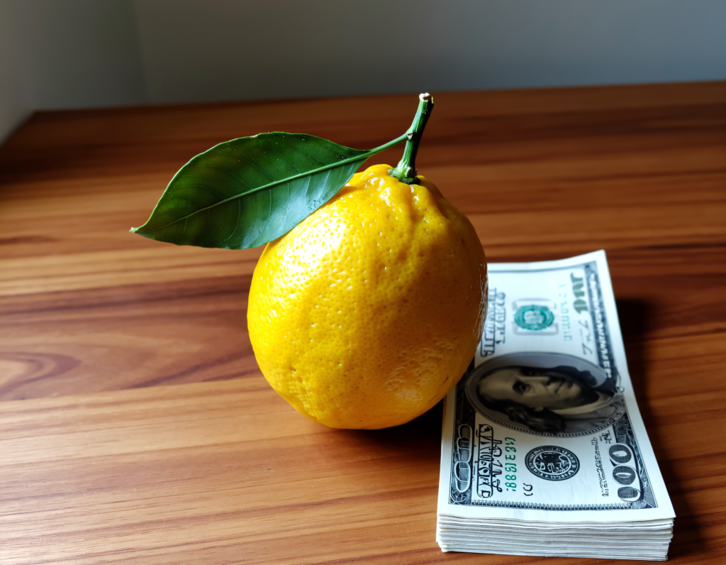 Assam Kaji Lemon sitting besides a few dollar notes on a table