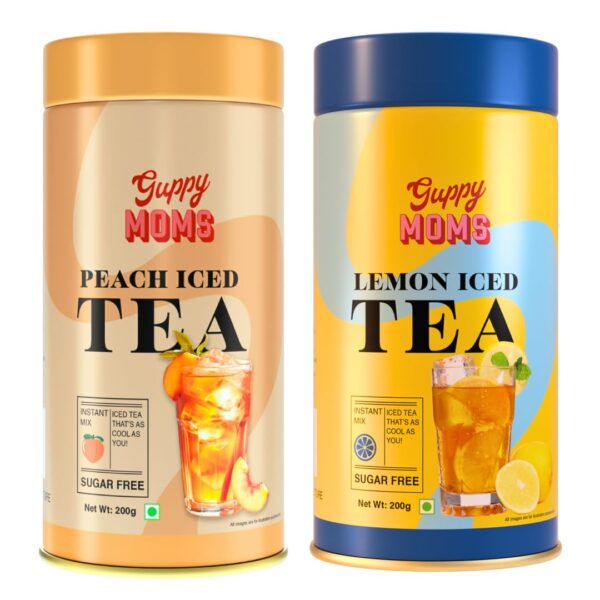Guppy Moms Sugar-Free Iced Tea Combo – Peach & Lemon Flavors | Low-Calorie, Natural Fruit Drink | Healthy Energy Drink Alternative & Mixer | 400g (Pack of 2)