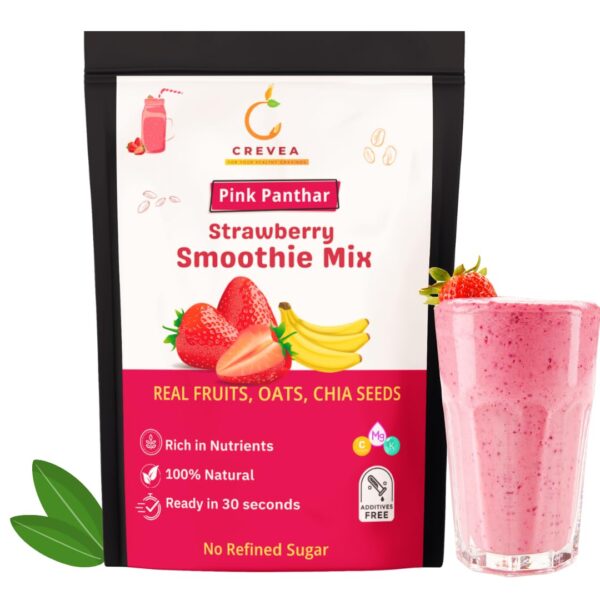 CREVEA Strawberry Smoothie Mix (210g) – No Refined Sugar | Oats, Chia Seeds, Natural Fruit Blend | High Protein & Fiber Drink | Omega-3 Rich Healthy Shake (Serves 7–8)